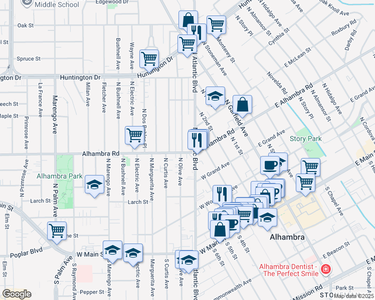 map of restaurants, bars, coffee shops, grocery stores, and more near 616 North Olive Avenue in Alhambra