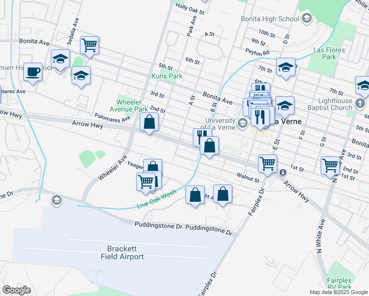 map of restaurants, bars, coffee shops, grocery stores, and more near in La Verne