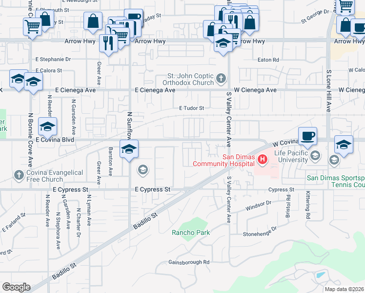 map of restaurants, bars, coffee shops, grocery stores, and more near 1630 West Covina Boulevard in San Dimas