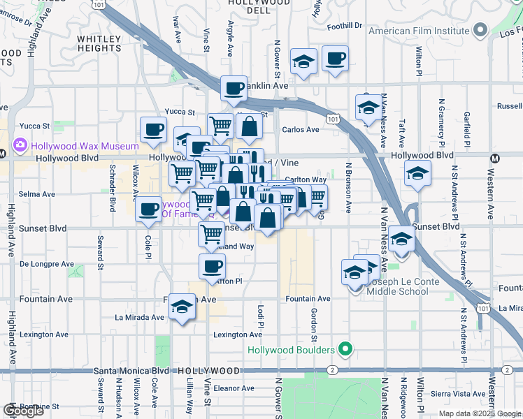 map of restaurants, bars, coffee shops, grocery stores, and more near 6116 Selma Avenue in Los Angeles