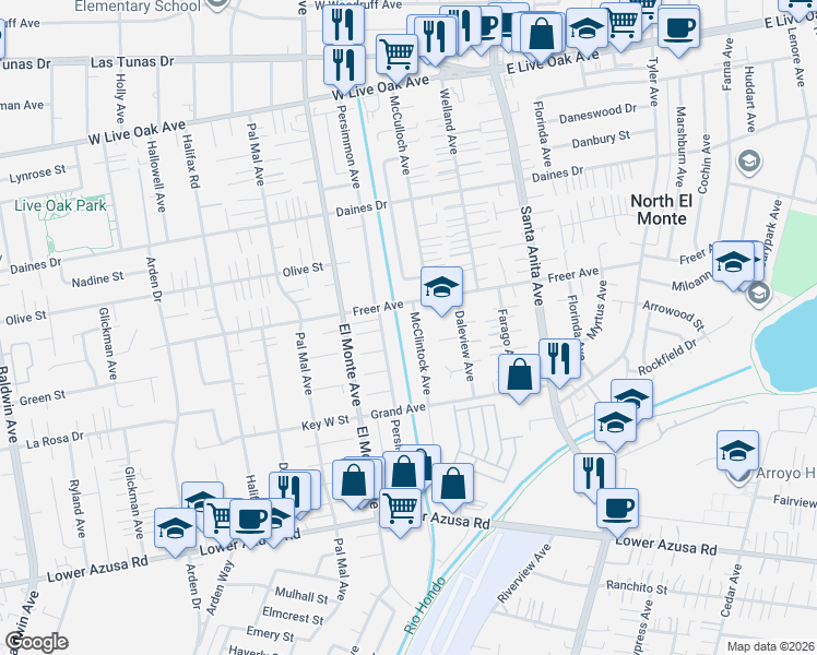 map of restaurants, bars, coffee shops, grocery stores, and more near 5232 McClintock Avenue in Temple City