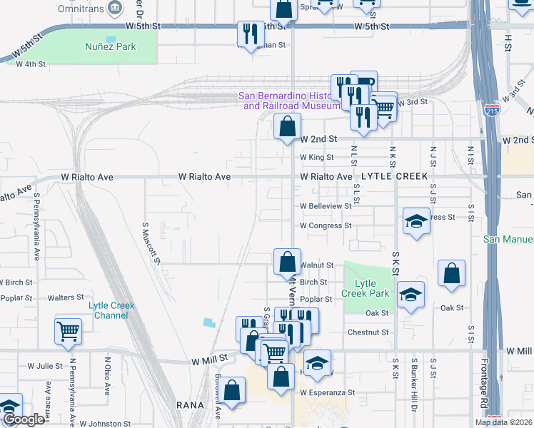 map of restaurants, bars, coffee shops, grocery stores, and more near in San Bernardino