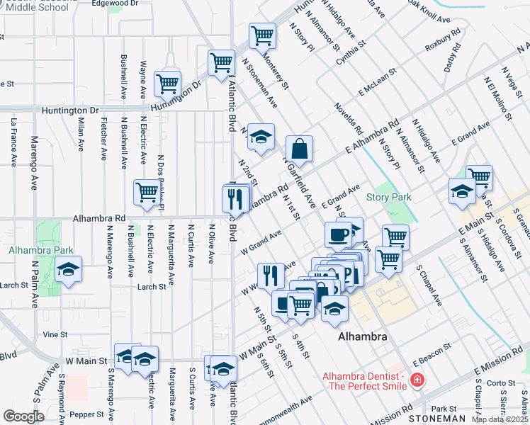 map of restaurants, bars, coffee shops, grocery stores, and more near 505 North 2nd Street in Alhambra