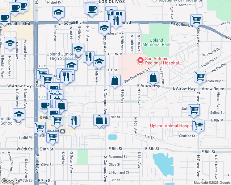 map of restaurants, bars, coffee shops, grocery stores, and more near 422 North 8th Avenue in Upland