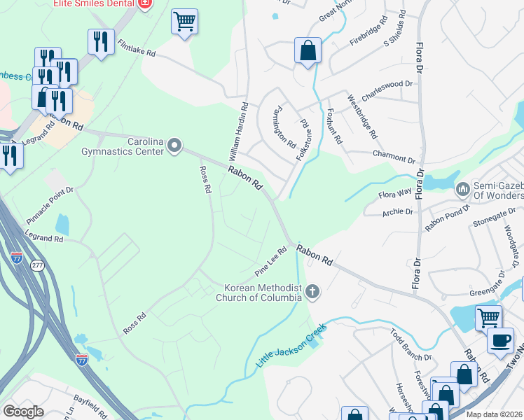 map of restaurants, bars, coffee shops, grocery stores, and more near 356 Rabon Road in Columbia