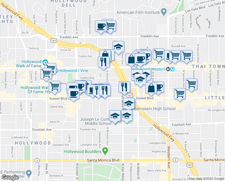 map of restaurants, bars, coffee shops, grocery stores, and more near 5842 Harold Way in Los Angeles