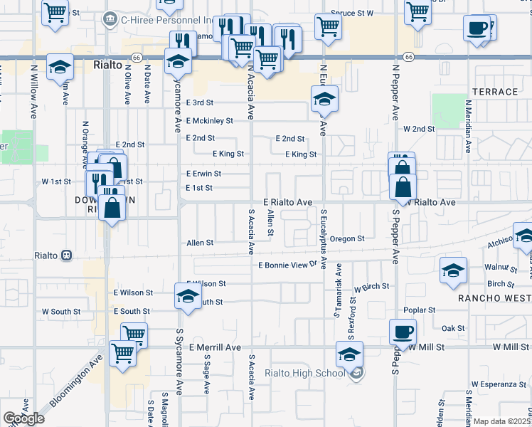 map of restaurants, bars, coffee shops, grocery stores, and more near 114 South Encina Avenue in Rialto