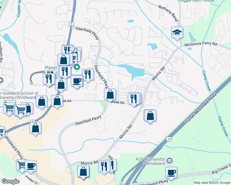 map of restaurants, bars, coffee shops, grocery stores, and more near 3288 Twinrose Place in Alpharetta
