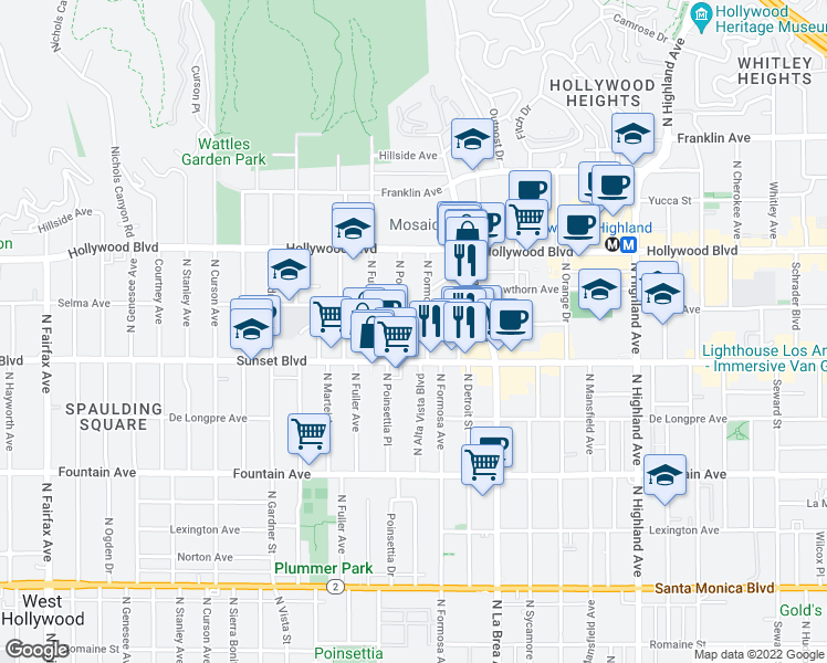 map of restaurants, bars, coffee shops, grocery stores, and more near 1530 North Poinsettia Place in Los Angeles
