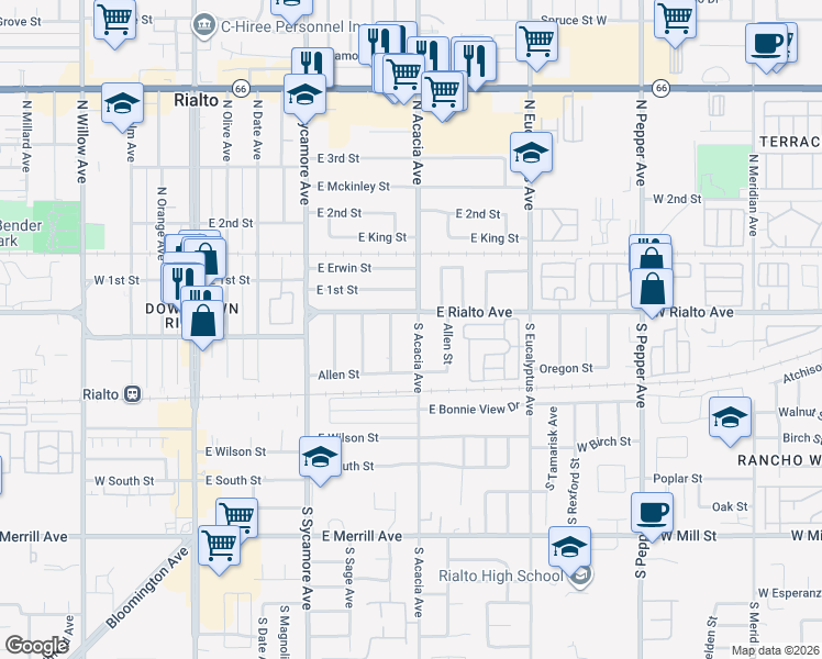 map of restaurants, bars, coffee shops, grocery stores, and more near 103 South Acacia Avenue in Rialto