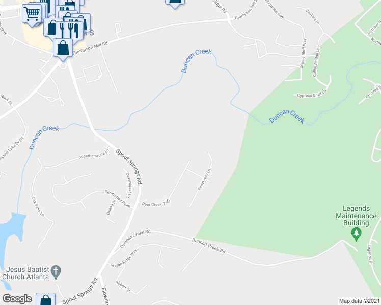 map of restaurants, bars, coffee shops, grocery stores, and more near 1905 Deer Creek Trail in Buford