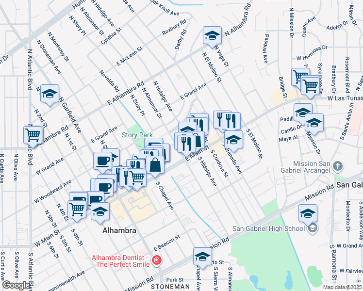 map of restaurants, bars, coffee shops, grocery stores, and more near 32 North Almansor Street in Alhambra