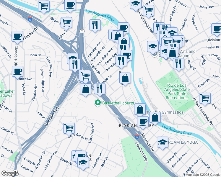 map of restaurants, bars, coffee shops, grocery stores, and more near 1818 Ripple Street in Los Angeles