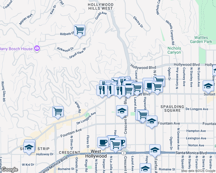 map of restaurants, bars, coffee shops, grocery stores, and more near 8246 Woodshill Trail in Los Angeles