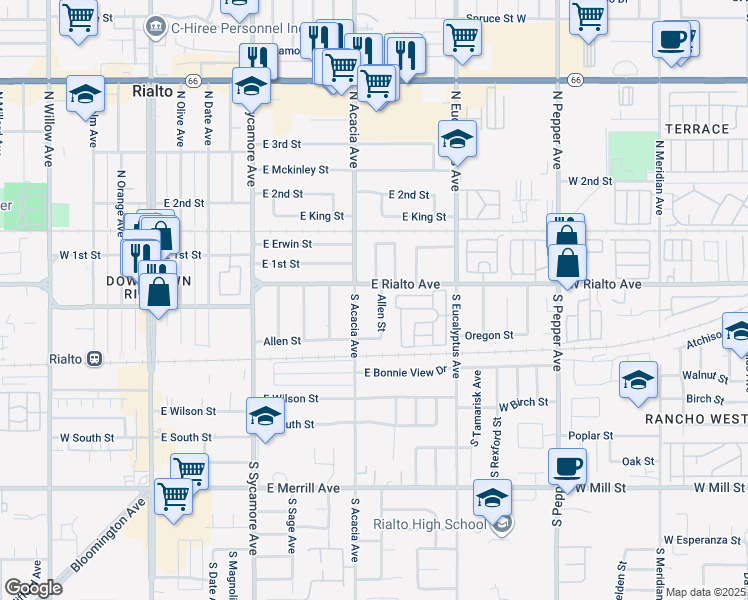 map of restaurants, bars, coffee shops, grocery stores, and more near 114 South Encina Avenue in Rialto