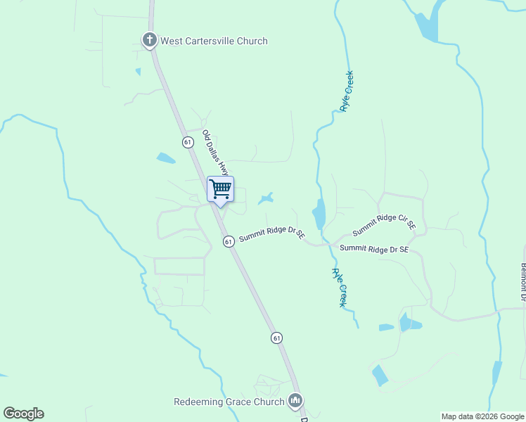 map of restaurants, bars, coffee shops, grocery stores, and more near 41 Summit Ridge Drive Southeast in Cartersville