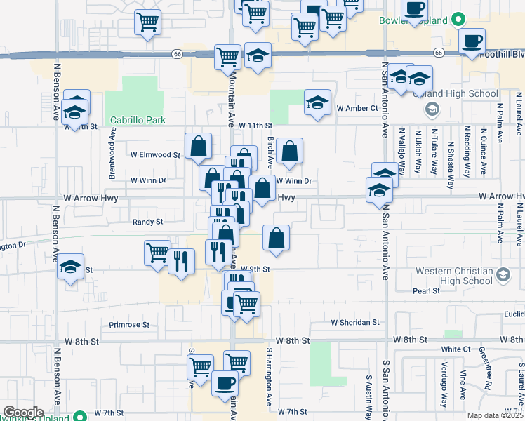 map of restaurants, bars, coffee shops, grocery stores, and more near in Upland