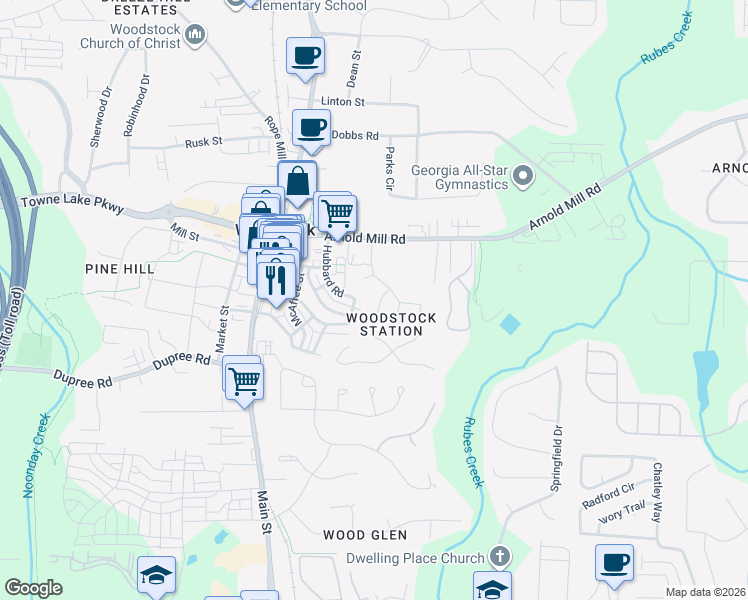 map of restaurants, bars, coffee shops, grocery stores, and more near 119 Bentley Parkway in Woodstock