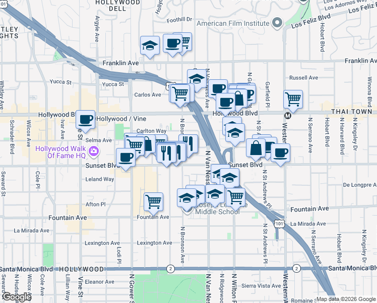 map of restaurants, bars, coffee shops, grocery stores, and more near 5831 Harold Way in Los Angeles