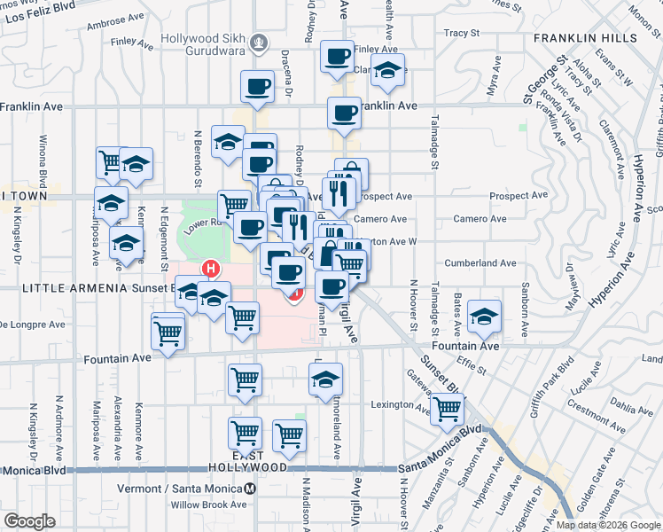 map of restaurants, bars, coffee shops, grocery stores, and more near 4531 Hollywood Boulevard in Los Angeles