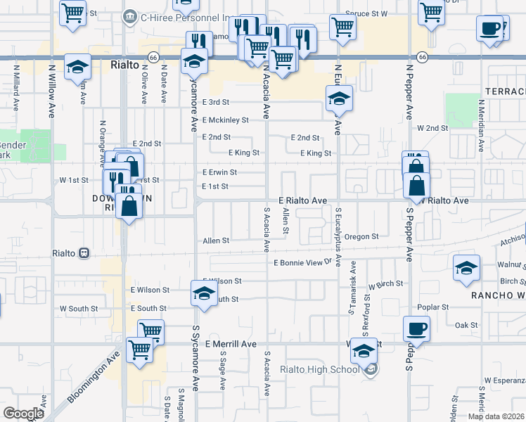 map of restaurants, bars, coffee shops, grocery stores, and more near 103 South Acacia Avenue in Rialto
