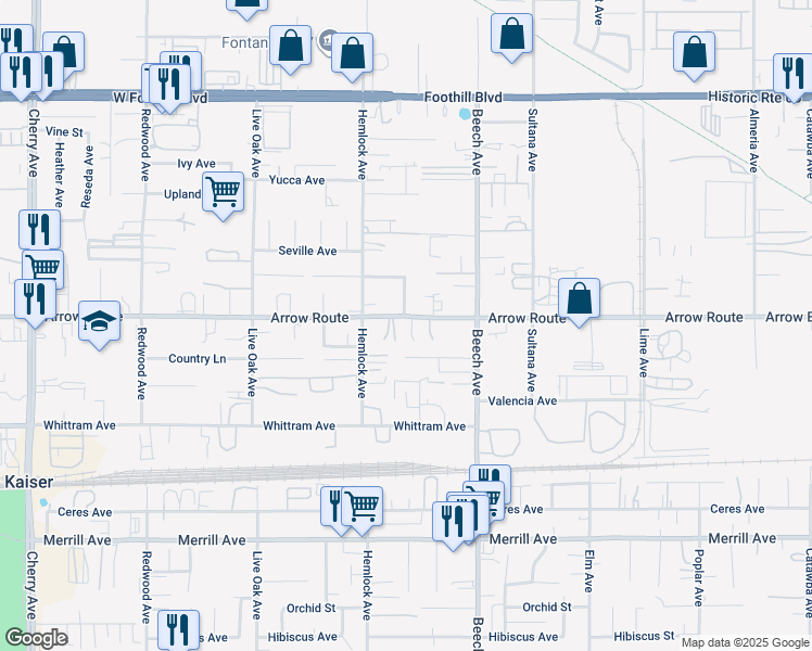 map of restaurants, bars, coffee shops, grocery stores, and more near 8485 Carob Street in Fontana