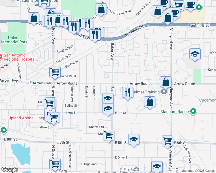 map of restaurants, bars, coffee shops, grocery stores, and more near 8480 Carson Pl in Rancho Cucamonga