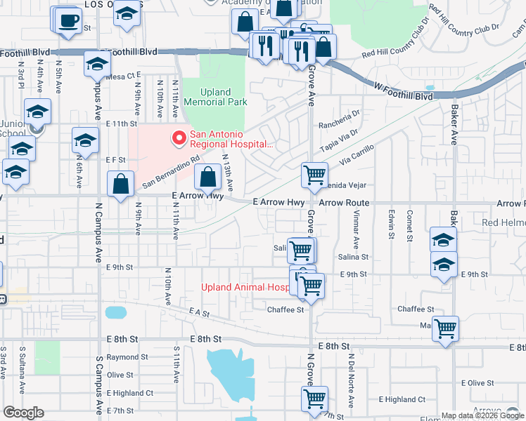 map of restaurants, bars, coffee shops, grocery stores, and more near 1409-1469 E Arrow Hwy in Upland
