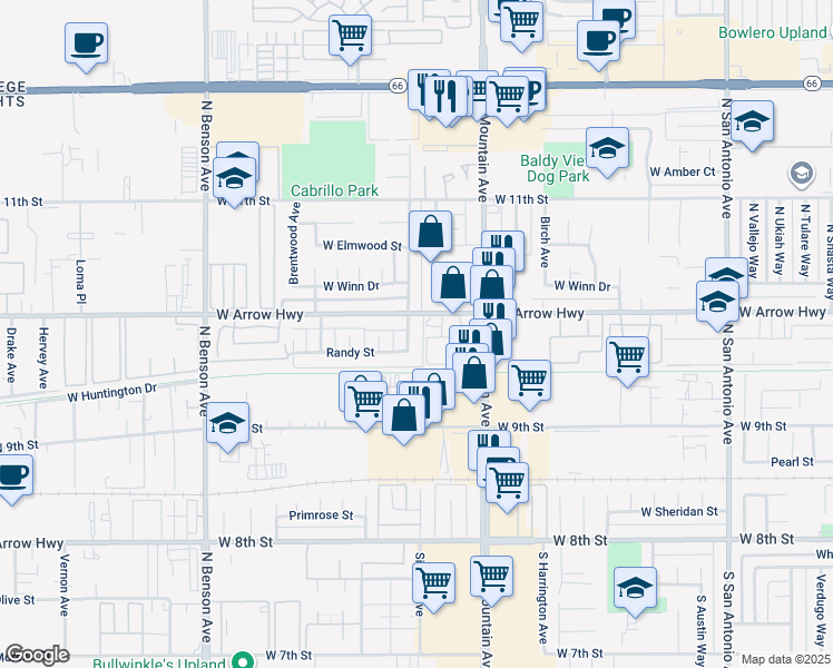 map of restaurants, bars, coffee shops, grocery stores, and more near 1322 West Arrow Highway in Upland