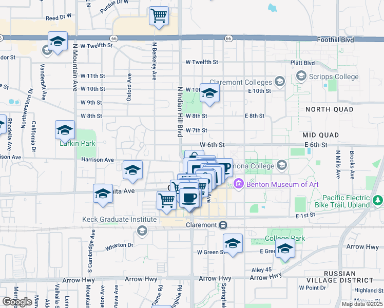 map of restaurants, bars, coffee shops, grocery stores, and more near 590 North Indian Hill Boulevard in Claremont