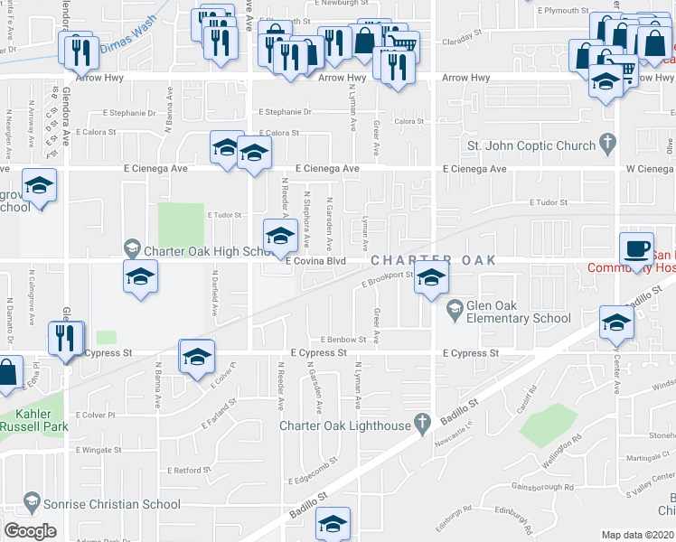 map of restaurants, bars, coffee shops, grocery stores, and more near 1100 North Charter Drive in Covina
