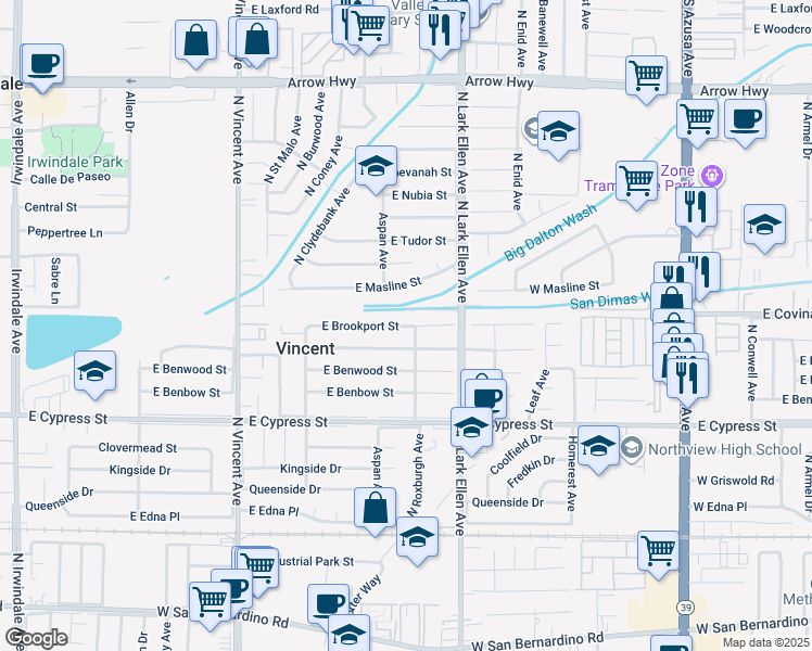map of restaurants, bars, coffee shops, grocery stores, and more near 16747 East Brookport Street in Covina
