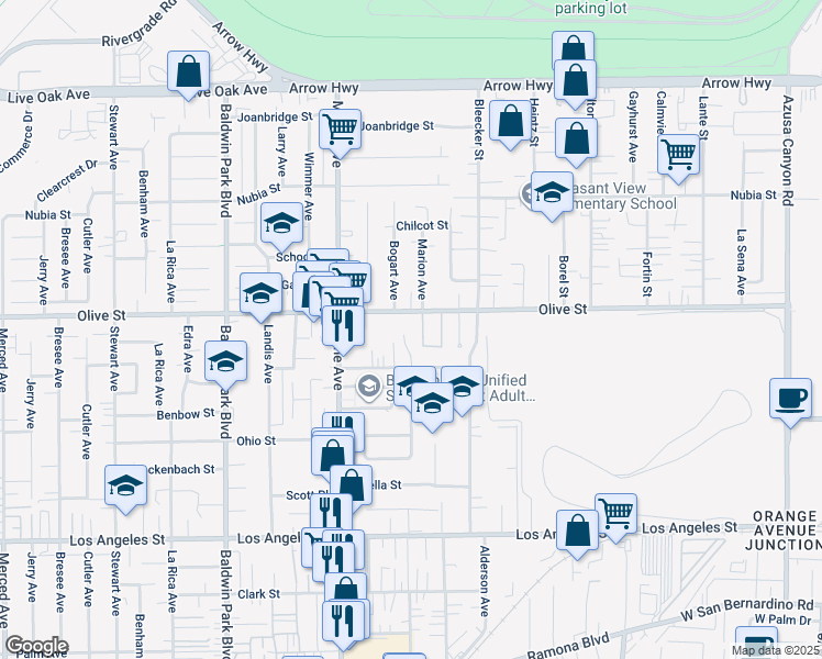 map of restaurants, bars, coffee shops, grocery stores, and more near 14608 Vía El Camino in Baldwin Park