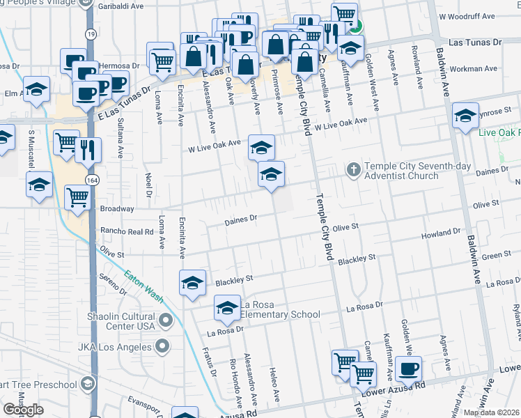 map of restaurants, bars, coffee shops, grocery stores, and more near 9448 Broadway in Temple City