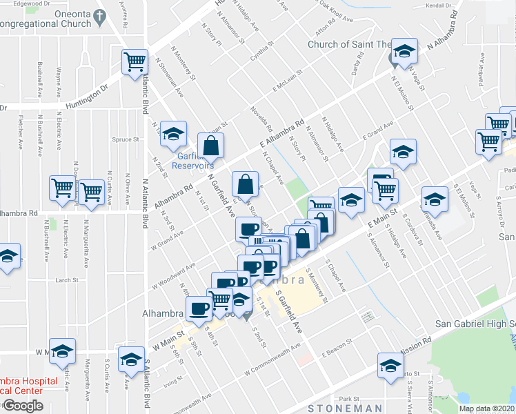 map of restaurants, bars, coffee shops, grocery stores, and more near 338 North Stoneman Avenue in Alhambra