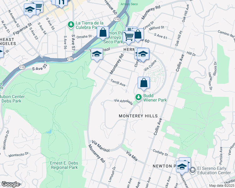 map of restaurants, bars, coffee shops, grocery stores, and more near 545 Pullman Street in Los Angeles