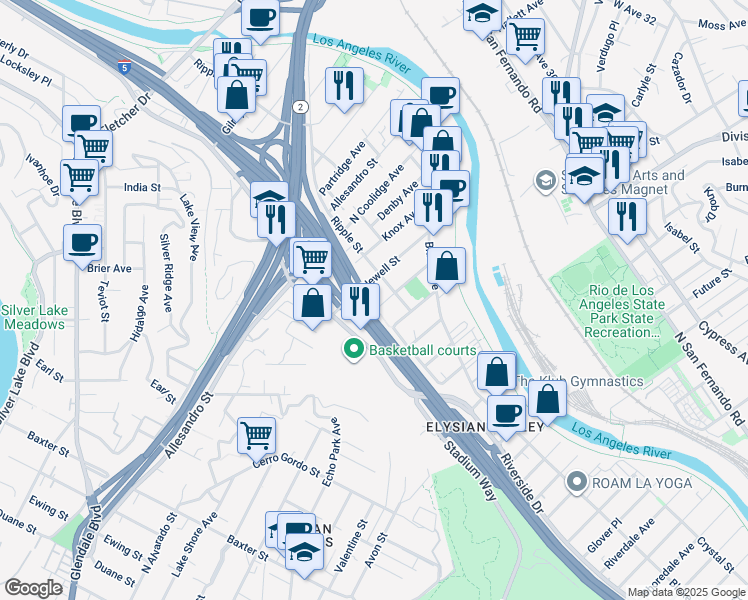 map of restaurants, bars, coffee shops, grocery stores, and more near 2664 Newell Street in Los Angeles