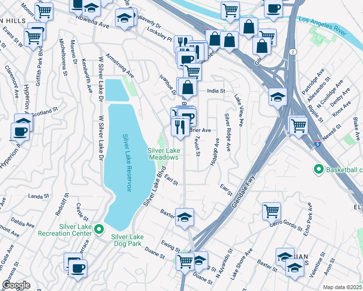 map of restaurants, bars, coffee shops, grocery stores, and more near 2376 Edgewater Terrace in Los Angeles