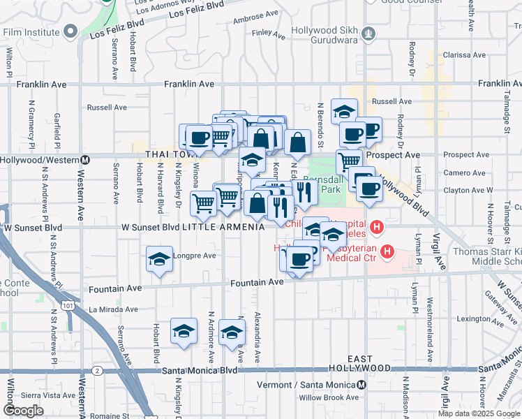 map of restaurants, bars, coffee shops, grocery stores, and more near 1543 North Kenmore Avenue in Los Angeles