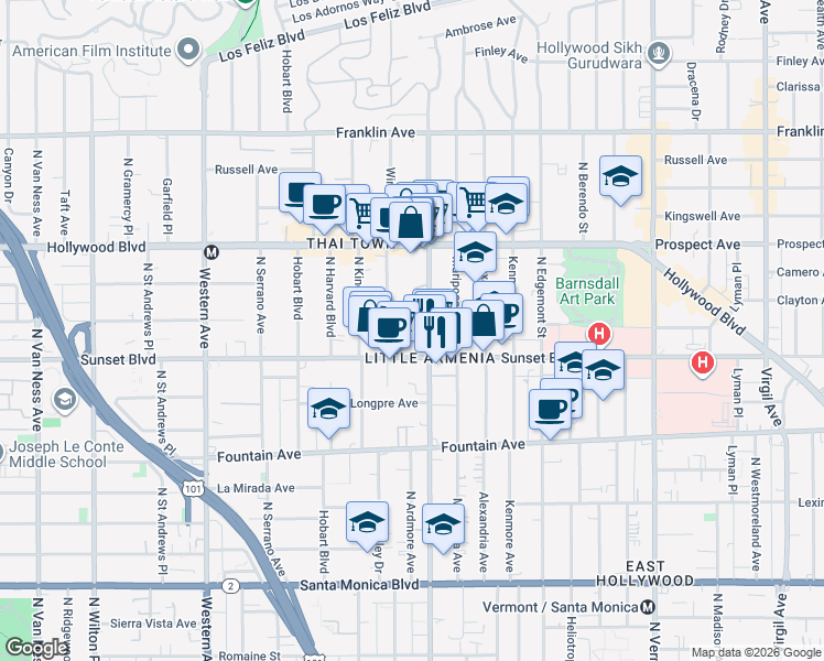 map of restaurants, bars, coffee shops, grocery stores, and more near 1533 North Normandie Avenue in Los Angeles