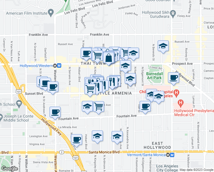 map of restaurants, bars, coffee shops, grocery stores, and more near 1546 Winona Boulevard in Los Angeles