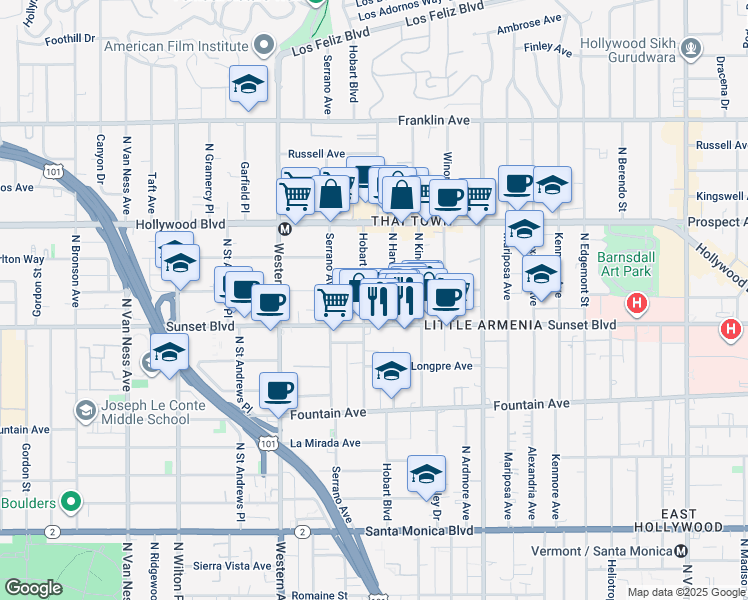 map of restaurants, bars, coffee shops, grocery stores, and more near 1550 North Hobart Boulevard in Los Angeles