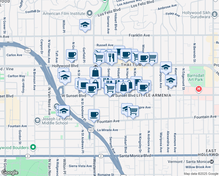 map of restaurants, bars, coffee shops, grocery stores, and more near 1545 North Hobart Boulevard in Los Angeles