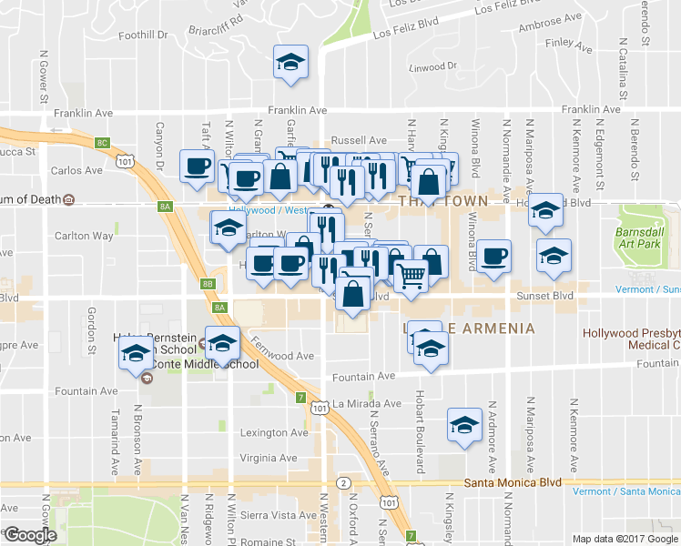 map of restaurants, bars, coffee shops, grocery stores, and more near 5425 Harold Way in Los Angeles