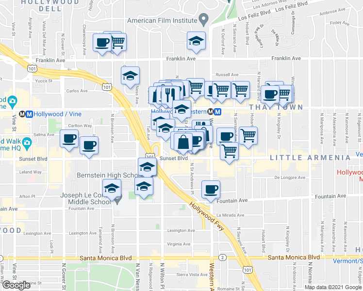map of restaurants, bars, coffee shops, grocery stores, and more near 5616 Carlton Way in Los Angeles