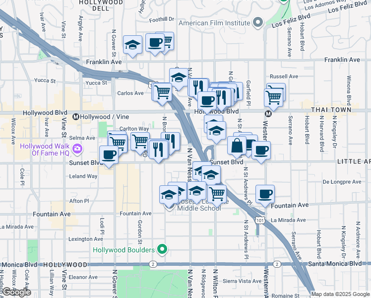 map of restaurants, bars, coffee shops, grocery stores, and more near 5805 Harold Way in Los Angeles