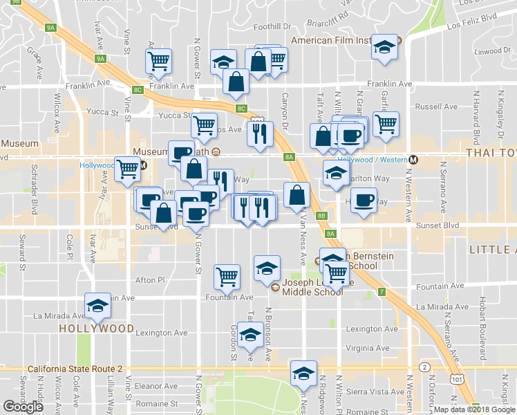 map of restaurants, bars, coffee shops, grocery stores, and more near 1545 North Bronson Avenue in Los Angeles