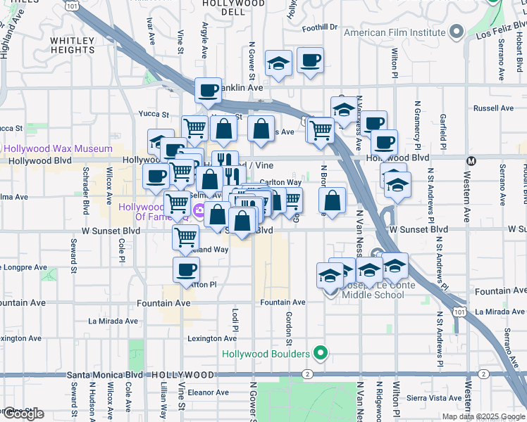 map of restaurants, bars, coffee shops, grocery stores, and more near 6078 Selma Avenue in Los Angeles