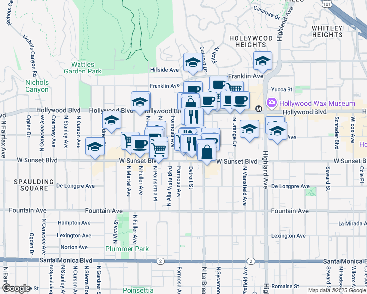 map of restaurants, bars, coffee shops, grocery stores, and more near 7124 Hawthorn Avenue in Los Angeles