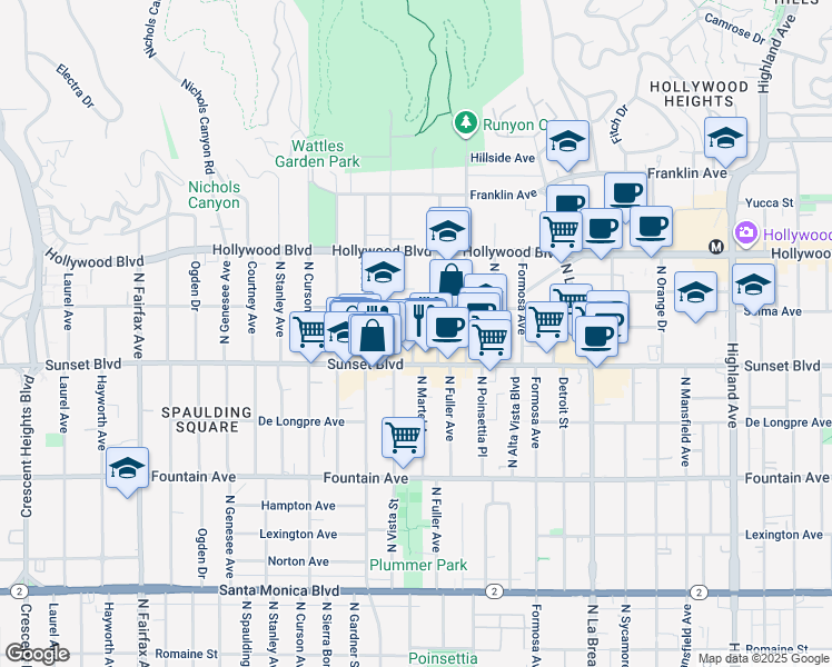 map of restaurants, bars, coffee shops, grocery stores, and more near 7400 Hawthorn Avenue in Los Angeles